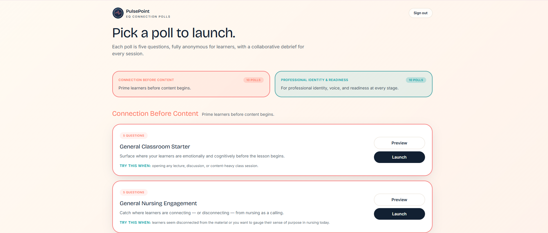 Instructor dashboard listing poll packs in two categories with preview and launch buttons